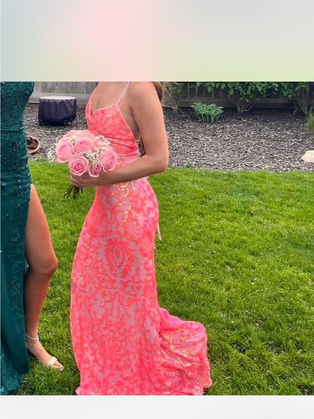Lulu's Neon Coral Pink Lace Prom Gown